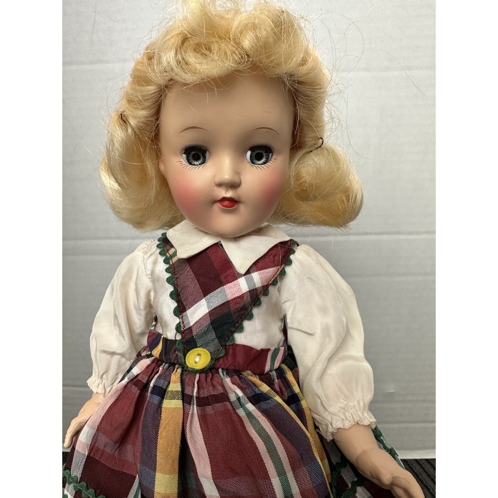 All ORIGINAL Hard Plastic Doll by Ideal Blonde Plaid Dress Tag 50's Nice!